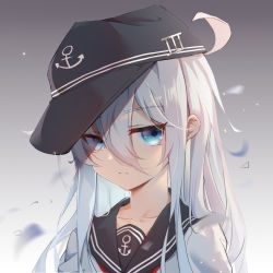 Rule 34 | 1girl, ahoge, anchor symbol, baseball cap, blue eyes, blurry, collarbone, commentary request, depth of field, gradient background, grey background, hair between eyes, hat, hibiki (kancolle), highres, kantai collection, long hair, long sleeves, looking at viewer, luckyes, school uniform, serafuku, sidelocks, simple background, solo, white hair