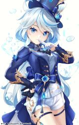 Rule 34 | 1girl, absurdres, ahoge, artist name, asymmetrical gloves, blue eyes, blue hair, blue hat, blue jacket, breasts, cowboy shot, furina (genshin impact), genshin impact, gloves, hand on own hip, hat, highres, index finger raised, jacket, light blue hair, long hair, long sleeves, medium breasts, mismatched gloves, mismatched pupils, mixed-language commentary, ryo-suzuki, shorts, simple background, smile, solo, tailcoat, top hat, water drop, white background, white shorts
