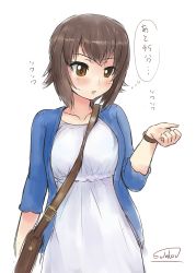 Rule 34 | 10s, 1girl, alternate costume, artist name, bad id, bad pixiv id, bag, between breasts, blouse, blush, breasts, brown eyes, brown hair, casual, dress, girls und panzer, handbag, nishizumi maho, open mouth, shirt, short hair, signature, simple background, solo, solokov (okb-999), strap between breasts, sweatdrop, watch, white background, white dress, wristwatch