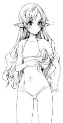 Rule 34 | 1girl, adjusting clothes, adjusting panties, blush, bra, collarbone, ear blush, elf, endou okito, female focus, gluteal fold, greyscale, groin, long hair, looking to the side, monochrome, navel, panties, pointy ears, simple background, solo, underwear, underwear only, wavy hair, wavy mouth