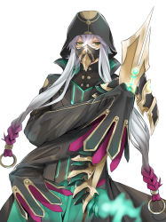 Rule 34 | 1boy, absurdres, asclepius (fate), bird mask, bishounen, black jacket, black mask, fate/grand order, fate (series), gradient hair, green eyes, hair between eyes, highres, hood, hood up, hooded jacket, jacket, long hair, long sleeves, male focus, mask, multicolored hair, okuno naru (exoprsa), pink hair, simple background, sleeves past wrists, solo, twintails, upper body, white hair