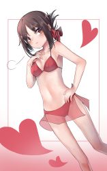 Rule 34 | 1girl, :t, absurdres, bare arms, bare shoulders, bikini, black hair, blush, breasts, collarbone, commentary, feet out of frame, folded ponytail, hair ribbon, hand on own hip, hand on own chest, heart, highres, kaguya-sama wa kokurasetai ~tensai-tachi no renai zunousen~, looking to the side, may.l, navel, parted bangs, ponytail, pout, red bikini, red eyes, ribbon, see-through, shinomiya kaguya, short hair, small breasts, solo, standing, swimsuit