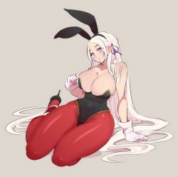 Rule 34 | 1girl, absurdres, adapted costume, alternate breast size, alternate costume, animal ears, bare shoulders, black footwear, black leotard, breasts, cleavage, commentary, covered navel, curvy, edelgard von hresvelg, expressionless, eyelashes, fake animal ears, fire emblem, fire emblem: three houses, full body, gloves, grey background, hair ribbon, high heels, highleg, highleg leotard, highres, large breasts, leotard, lips, long hair, looking at viewer, nac000, nintendo, pantyhose, parted bangs, parted lips, playboy bunny, purple eyes, purple ribbon, rabbit ears, red pantyhose, ribbon, sagging breasts, simple background, sitting, skin tight, solo, strapless, strapless leotard, thick thighs, thighs, very long hair, white gloves, white hair, yokozuwari