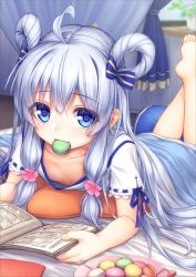 Rule 34 | 1girl, ahoge, barefoot, bed, blouse, blue bow, blue eyes, blue skirt, book, bow, collarbone, curtains, downblouse, eyes visible through hair, flat chest, flower, flower knight girl, food, hair bow, hair flower, hair ornament, hair rings, indoors, long hair, lying, macaron, mouth hold, on stomach, pillow, shirt, sidelocks, skirt, solo, sutera (flower knight girl), the pose, white hair, white shirt, yuru