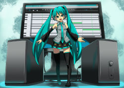 Rule 34 | 1girl, aqua eyes, aqua hair, detached sleeves, hatsune miku, long hair, looking at viewer, monitor, necktie, open mouth, pizzadev, skirt, smile, solo, thighhighs, twintails, very long hair, vocaloid