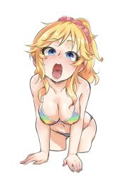 Rule 34 | 10s, 1girl, bikini, blonde hair, blue eyes, blush, breasts, cleavage, covered erect nipples, cropped legs, hair ornament, hair scrunchie, idolmaster, idolmaster cinderella girls, ishii takuma, large breasts, leaning forward, long hair, multicolored bikini, multicolored clothes, multicolored stripes, navel, ohtsuki yui, open mouth, oral invitation, ponytail, scrunchie, simple background, solo, striped bikini, striped clothes, swimsuit, tongue, tongue out, white background