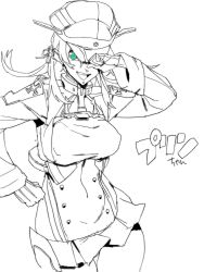 Rule 34 | 10s, 1girl, green eyes, greyscale, hat, hesuke, kantai collection, military, military uniform, monochrome, peaked cap, prinz eugen (kancolle), sketch, skirt, solo, spot color, uniform