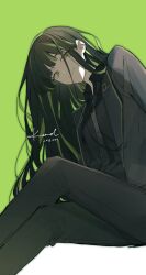 Rule 34 | 1girl, absurdres, alfonso (project moon), black hair, black jacket, black necktie, black pants, black shirt, bntw22, closed mouth, collared shirt, green background, highres, jacket, limbus company, long hair, long sleeves, looking at viewer, multicolored hair, necktie, pants, project moon, shirt, simple background, sitting, smile, solo, streaked hair, very long hair, wing collar