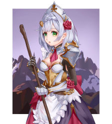 Rule 34 | 1220060931, 1girl, absurdres, apron, armor, ascot, belt, blunt bangs, braid, breastplate, breasts, chain, cleavage, commentary request, flower, gauntlets, genshin impact, green eyes, grey hair, hair flower, hair ornament, highres, holding, holding staff, long sleeves, looking at viewer, maid, maid apron, maid headdress, mountainous horizon, noelle (genshin impact), short hair, shoulder armor, sidelocks, single braid, solo, staff