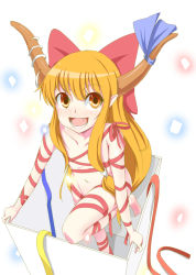 Rule 34 | 1girl, :d, bad id, bad pixiv id, barefoot, blonde hair, box, face, fang, female focus, from above, hair ribbon, horn ornament, horn ribbon, horns, ibuki suika, in box, in container, naked ribbon, navel, nishiuri, open mouth, orange hair, pointy ears, ribbon, smile, solo, touhou