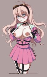 Rule 34 | 1girl, ahoge, artist name, badlavender, barbed wire, blonde hair, blue eyes, bondage outfit, breasts, choker, closed mouth, collarbone, danganronpa (series), danganronpa v3: killing harmony, eyebrows, eyelashes, female focus, fingerless gloves, gloves, goggles, goggles on head, hair between eyes, highres, iruma miu, jewelry, large breasts, long hair, long sleeves, looking at viewer, necklace, nipples, open clothes, opening shirt, pink skirt, pleated skirt, signature, simple background, skirt, smile, solo, tagme