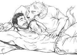 Rule 34 | 2boys, animal ears, arms up, bara, beard, casual, chest hair, commentary request, couple, facial hair, feet out of frame, furry, furry male, furry with non-furry, goatee, greyscale, grin, interspecies, looking at another, lying, male focus, monochrome, multiple boys, muscular, muscular male, mustache, nick300, on back, original, pectorals, short hair, sideburns, smile, stubble, tail, thick eyebrows, tickling, tickling stomach, topless male, wolf boy, wolf tail, yaoi