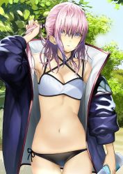 Rule 34 | 1girl, arm over shoulder, arm up, armpits, bikini, bikini under clothes, blue eyes, blue sky, bottle, breasts, cleavage, cowboy shot, day, girls&#039; frontline, gluteal fold, hair between eyes, hair over one eye, long hair, looking at viewer, medium breasts, navel, outdoors, purple hair, side-tie bikini bottom, sky, solo, st ar-15 (girls&#039; frontline), standing, swimsuit, swimsuit under clothes, takatou suzunosuke, tree, water bottle
