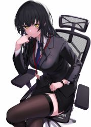 Rule 34 | 1girl, absurdres, black hair, black skirt, black suit, black thighhighs, breasts, clothes lift, crossed legs, feet out of frame, fishnet fabric, formal, garter straps, highres, holding, holding clothes, holding pen, holding skirt, id card, lanyard, lifted by self, light smile, long sleeves, looking at viewer, medium breasts, necktie, office lady, on chair, original, pen, pencil skirt, simple background, sitting, skirt, skirt lift, straight hair, suit, thighhighs, ulrich (tagaragakuin), watch, white background, wristwatch, yellow eyes, zettai ryouiki