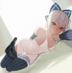 Rule 34 | 1girl, arm up, backlighting, beijuu, blue thighhighs, blurry, bow, breasts, chemise, cleavage, commentary request, depth of field, detached sleeves, dutch angle, foreshortening, girls&#039; frontline, gun, hair bow, handgun, highres, holster, large breasts, lingerie, looking at viewer, lying, navel, on side, panties, see-through, smile, solo, striped clothes, striped thighhighs, thigh holster, thighhighs, tokarev (girls&#039; frontline), underwear, underwear only, vertical-striped clothes, vertical-striped thighhighs, weapon, white hair, white panties