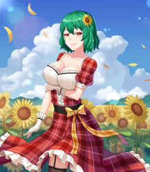 Rule 34 | 1girl, adapted costume, black thighhighs, blue sky, blurry, blush, bow, breast hold, breasts, buttons, cleavage, cloud, collarbone, cowboy shot, day, depth of field, dirndl, dress, du mogu, female focus, field, flower, flower field, frilled dress, frills, garter straps, german clothes, gloves, green hair, hair between eyes, hair flower, hair ornament, kazami yuuka, large breasts, lens flare, lips, looking at viewer, neck, petals, plaid, plaid dress, puffy short sleeves, puffy sleeves, red dress, red eyes, ribbon, short hair, short sleeves, sky, smile, solo, standing, sunflower, sunflower field, thighhighs, touhou, underbust, white gloves, yellow bow, yellow flower, yellow ribbon