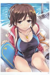Rule 34 | 1girl, absurdres, artist name, bare shoulders, blush, breasts, brown hair, cleavage, closed mouth, collarbone, competition swimsuit, covered navel, fingernails, highres, jacket, large breasts, long hair, looking at viewer, mizuhara yuu, off shoulder, one-piece swimsuit, open clothes, open jacket, page number, purple eyes, scan, sitting, solo, swimsuit, thighs, toranoana, water
