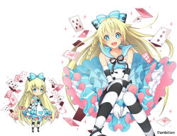 Rule 34 | 1girl, :d, aki no jikan, alice (alice in wonderland), alice in wonderland, arm warmers, arms at sides, between legs, blue bow, blue eyes, blue skirt, bow, braid, card, gloves, hair between eyes, hair bow, hand between legs, invisible chair, long hair, looking at viewer, maru-kichi, multiple views, official art, open mouth, pantyhose, pink bow, playing card, sitting, skirt, smile, standing, striped clothes, striped legwear, striped pantyhose, very long hair, watermark, white gloves