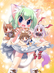 Rule 34 | 00s, 4girls, animal ears, blazer, blue eyes, brown hair, rabbit ears, cat ears, cat tail, chibi, crossover, fang, fangs, green eyes, holo, ikuta takanon, jacket, long hair, miyafuji yoshika, multiple girls, necktie, purple hair, red eyes, reisen udongein inaba, spice and wolf, strike witches, tail, touhou, wolf ears, wolf tail, world witches series, yellow eyes