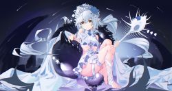 Rule 34 | 1girl, absurdres, arknights, bare shoulders, black background, blue flower, braid, breasts, casual one-piece swimsuit, cic tatsumi, crocodilian tail, flower, full body, grey hair, hair flower, hair ornament, head wreath, highres, holding, holding staff, index finger raised, knees up, leg wrap, long hair, looking at viewer, official alternate costume, one-piece swimsuit, pointy ears, simple background, sitting, small breasts, solo, staff, swimsuit, tail, tomimi (arknights), tomimi (silent night) (arknights), waist cutout, white flower, white one-piece swimsuit, yellow eyes