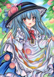 Rule 34 | 1girl, :d, apron, black hat, blue hair, blue ribbon, blue skirt, blush, bow, bowtie, buttons, center frills, cowboy shot, day, dot nose, embellished costume, food, frilled shirt, frilled shirt collar, frills, fruit, fruit hat ornament, hair between eyes, hat, hat ornament, hat ribbon, hinanawi tenshi, leaf, long hair, long sleeves, looking at viewer, marker (medium), open mouth, outdoors, peach, rainbow order, red bow, red bowtie, red eyes, ribbon, rui (sugar3), sample watermark, shirt, skirt, skirt hold, smile, solo, standing, touhou, traditional media, very long hair, watermark, white apron, white shirt