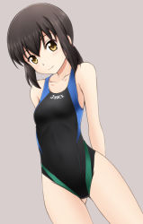 Rule 34 | 10s, 1girl, arms behind back, asics, bare shoulders, brown eyes, brown hair, collarbone, competition swimsuit, covered navel, cowboy shot, dutch angle, fubuki (kancolle), fuuma nagi, grey background, hair between eyes, kantai collection, looking at viewer, one-piece swimsuit, short hair, short ponytail, simple background, smile, solo, swimsuit