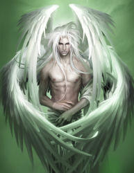 Rule 34 | 1boy, abs, angel, gradient background, long hair, male focus, muscular, pectorals, pectorals, solo, tagme, topless male, white hair, wings
