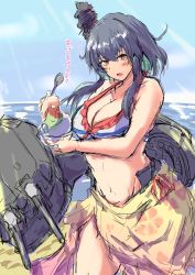 Rule 34 | 1girl, absurdres, beach, bikini, black hair, blue sky, cloud, commentary request, day, food, frilled bikini, frills, hair ornament, highres, horizon, kantai collection, kurage ituki, looking at viewer, machinery, ocean, official alternate costume, outdoors, red eyes, sarong, shaved ice, short hair, sky, solo, spoon, standing, striped bikini, striped clothes, swimsuit, translation request, white bikini, yamashiro (kancolle)