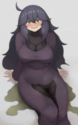 Rule 34 | 1girl, @ @, absurdres, ahoge, arm support, blush, breasts, breath, covered navel, creatures (company), dress, embarrassed, female focus, from above, game freak, grey background, hairband, hex maniac (pokemon), highres, large breasts, legs together, long hair, long sleeves, looking at viewer, matching hair/eyes, nintendo, nose blush, npc trainer, open mouth, peeing, peeing self, pokemon, pokemon xy, puddle, purple dress, purple eyes, purple hair, purple hairband, simple background, sitting, skin tight, smile, solo, steam, sweat, textless version, turtleneck, umagoya mochi, wet, wet clothes, wide hips