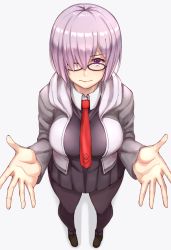 Rule 34 | 1girl, black dress, black pantyhose, breasts, dress, fate/grand order, fate (series), foreshortening, glasses, hair over one eye, highres, jacket, looking at viewer, mash kyrielight, michihasu, necktie, outstretched hand, pantyhose, purple eyes, purple hair, short hair, solo