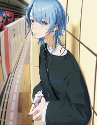 Rule 34 | 1girl, blue eyes, blue hair, blue nails, casual, earphones, earrings, highres, hololive, hoshimachi suisei, jewelry, kenshuusei (kensuuu0225), looking at viewer, nail polish, necklace, official alternate hair length, official alternate hairstyle, ring, short hair, solo, sweater, tactile paving, upper body, virtual youtuber