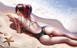 Rule 34 | 1girl, ass, backless swimsuit, beach, breasts, brown eyes, brown hair, day, final fantasy, final fantasy vii, from behind, headband, jessie rasberry, large breasts, liang xing, long hair, lying, mole on body, one-piece swimsuit, outdoors, patreon username, ponytail, red headband, sand on skin, seashell, shell, signature, solo, square enix, starfish, swimsuit, thigh gap, water, watermark, web address