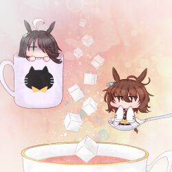 Rule 34 | 2girls, agnes tachyon (umamusume), ahoge, animal ears, animal print, black hair, black necktie, brown hair, cat print, chibi, coffee mug, commentary, cup, earrings, eyes visible through hair, hair between eyes, hair over one eye, highres, horse ears, horse girl, horse tail, in container, in cup, jewelry, jitome, lab coat, long bangs, long sleeves, manhattan cafe (umamusume), medium hair, messy hair, mini person, minigirl, mug, multicolored hair, multiple girls, necktie, no mouth, ponytail, ponytail (amya5377), shaded face, single earring, sleeves past fingers, sleeves past wrists, sparkle, spoon, sugar cube, sweater, tail, tea, teacup, teaspoon, two-tone hair, umamusume, white hair, yellow eyes, yellow sweater