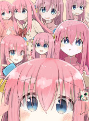 Rule 34 | 6+girls, blue eyes, blush, bocchi the rock!, bow, bowtie, clone, commentary request, cube hair ornament, frown, furrowed brow, gotoh hitori, hair between eyes, hair ornament, highres, long hair, looking at viewer, multiple girls, open mouth, partial commentary, pink hair, pink track suit, red bow, red bowtie, school uniform, side ahoge, sweat, tonkotsu frappuccino, v-shaped eyebrows