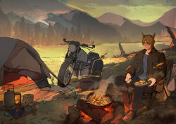 Rule 34 | 1boy, absurdres, animal ears, arknights, black jacket, black pants, blonde hair, blue shirt, campfire, camping, camping chair, chair, chinese commentary, closed mouth, commentary request, cooking, dumpling, embers, evening, expressionless, eyes visible through hair, folding chair, food, grass, hair over one eye, highres, holding, jacket, lantern, lonely (1878056661), long sleeves, mlynar (arknights), motor vehicle, motorcycle, nature, on chair, open clothes, open jacket, orange eyes, outdoors, pants, pierogi, plant, scenery, shirt, short hair, sitting, smoke, solo, t-shirt, tent, wide shot