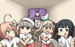 Rule 34 | 6+girls, ahoge, alternate costume, asashio (kancolle), black hair, blonde hair, blue eyes, bow, brown pants, clothes writing, commentary request, dated, closed eyes, grecale (kancolle), green eyes, grey hair, hair ornament, hairclip, hallway, hamu koutarou, hat, hatsuharu (kancolle), highres, i-58 (kancolle), kantai collection, kiyoshimo (kancolle), living hair, long hair, low twintails, map (object), mikura (kancolle), multiple girls, o o, one-hour drawing challenge, open mouth, pants, pink bow, pink hair, purple hair, red eyes, red pants, running, sailor hat, shirt, short hair, t-shirt, tan, track pants, twintails, wavy mouth, white headwear, white shirt