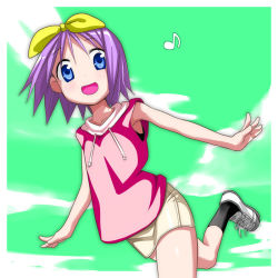 Rule 34 | 00s, 1girl, :d, armpits, barefoot, black socks, blue eyes, blue hair, hiiragi tsukasa, kneehighs, looking at viewer, lucky star, matching hair/eyes, musical note, nazo kichi, open mouth, outstretched arms, pink hair, running, shoes, short hair, smile, sneakers, socks, solo, sweatdrop, sweater vest