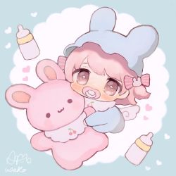 Rule 34 | 1girl, ame usako, baby, baby bottle, bib, blue background, blush, bottle, bow, brown eyes, commentary request, eyebrows hidden by hair, hair bow, hair ornament, heart, highres, looking at viewer, mini wings, onesie, original, pacifier, pink bow, pink hair, pink wings, rabbit hair ornament, signature, solo, striped, striped bow, stuffed animal, stuffed rabbit, stuffed toy, two-tone background, two side up, white background, wings