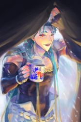 Rule 34 | 1boy, biceps, blue hair, collarbone, cu chulainn (caster) (fate), cu chulainn (fate), cu chulainn (fate/stay night), cup, detached sleeves, earrings, fang, fate/grand order, fate (series), jewelry, logosles, long hair, looking at viewer, male focus, mug, muscular, muscular male, open mouth, red eyes, skin tight, smile, solo, tank top