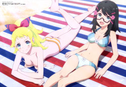 Rule 34 | 10s, 2girls, :d, absurdres, amasaki manamu, ass, barefoot, beach, bikini, black-framed eyewear, black hair, blonde hair, blue eyes, blush, breast press, breasts, chloe maxwell, cleavage, clenched hands, closed mouth, day, dimples of venus, dutch angle, feet, flipped hair, floral print, flower, glasses, groin, hair flower, hair ornament, hair ribbon, hairclip, happy, high ponytail, highres, hip focus, kneepits, leg up, legs together, light smile, long hair, looking at viewer, luck &amp; logic, lying, magazine scan, megami magazine, multiple girls, official art, on back, on stomach, open mouth, orange bikini, outdoors, panties, parted bangs, ponytail, red ribbon, ribbon, scan, semi-rimless eyewear, small breasts, smile, striped bikini, striped clothes, striped panties, swept bangs, swimsuit, the pose, thigh gap, topfreedom, topless, towel, under-rim eyewear, underwear, untied bikini, unworn bikini top, white bikini, yurine tamaki