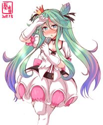 Rule 34 | 1girl, alternate costume, alternate hairstyle, artist logo, breasts, choker, cleavage, commentary request, crown, dated, dress, gloves, green eyes, green hair, hair between eyes, hair ribbon, highres, idol, kanon (kurogane knights), kantai collection, long hair, looking at viewer, medium breasts, microphone, mini crown, parted bangs, ribbon, sidelocks, simple background, solo, thighhighs, twintails, white background, white dress, white gloves, yamakaze (kancolle)