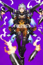 Rule 34 | 1girl, animification, apex legends, bodysuit, brown eyes, character name, firing, highres, jetpack, mika pikazo, missile pod, orange bodysuit, purple background, silver hair, smoke, solo, v-shaped eyebrows, valkyrie (apex legends)