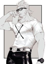 Rule 34 | 1boy, bara, biceps, black-framed eyewear, blue eyes, casual, collarbone, contemporary, covered abs, covered erect nipples, covered navel, cowboy shot, cup, eyepatch, glasses, greyscale, hair slicked back, holding, holding cup, latex pants, leather, leather pants, long sideburns, looking to the side, male focus, mask, monochrome, muscular, muscular male, one piece, pants, pectorals, shirt, short hair, short sleeves, sideburns, solo, spiked hair, spot color, tight clothes, tight shirt, watch, wristwatch, x drake, yonekura naoyasu