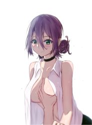 Rule 34 | 1boy, 1girl, alternate breast size, bad id, bad pixiv id, bare arms, bare pectorals, bare shoulders, black choker, black legwear, blush, breasts, chainsaw man, choker, collared shirt, green eyes, groping, hair between eyes, hair bun, hand on breast, highres, large breasts, leaning forward, light smile, looking at viewer, medium hair, no bra, no nipples, open clothes, open shirt, pectorals, purple hair, qiongyouu dayo, reze (chainsaw man), shirt, short hair, simple background, single hair bun, smile, solo focus, upper body, white background, white shirt