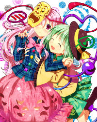 Rule 34 | 2girls, :&lt;, aqua hair, bad id, bad pixiv id, blouse, blush, boots, bow, cnm, closed eyes, floral print, groping, hands on another&#039;s chest, hat, hat ribbon, hata no kokoro, head on another&#039;s shoulder, heart, hug, hug from behind, komeiji koishi, leg up, long hair, long sleeves, looking at viewer, mask, multiple girls, musical note, one eye covered, open mouth, pink eyes, pink hair, plaid, plaid shirt, polka dot, polka dot background, quaver, ribbon, shirt, skirt, sleeves past wrists, spoken musical note, star (symbol), third eye, touhou, triangle, x (letter)