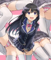 Rule 34 | 1girl, :d, black hair, black jacket, black skirt, blazer, blush, brown sweater, collared shirt, covering crotch, covering privates, hair between eyes, hair ornament, hairclip, jacket, long hair, looking at viewer, multiple views, nijisanji, open mouth, panties, plaid, plaid skirt, pleated skirt, purple eyes, school uniform, shirt, skirt, smile, somechime (sometime1209), striped background, striped clothes, striped panties, sweat, sweater, thighhighs, tsukino mito, tsukino mito (1st costume), underwear, very long hair, virtual youtuber, wavy mouth, white shirt, white thighhighs