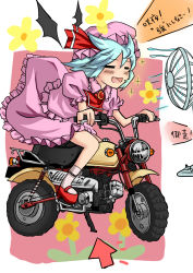 Rule 34 | 1girl, = =, bad id, bad pixiv id, blue hair, closed eyes, electric fan, fang, fanning face, female focus, flower, highres, motor vehicle, motorcycle, nemo (marmeid331), remilia scarlet, smile, solo, touhou, vehicle, wings