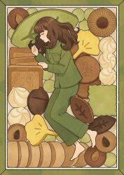 Rule 34 | 1girl, almond, barefoot, border, breast pocket, brown hair, buttons, closed eyes, commentary, cream, feet, food, full body, green border, green pajamas, green pants, green shirt, highres, light blush, long hair, long sleeves, lying, nahara saki, on side, open mouth, original, oversized food, oversized object, pajamas, pants, picture frame, pocket, profile, shirt, sleeping, solo, wavy hair