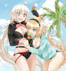 Rule 34 | 2girls, ;d, ahoge, belt, bikini, bikini top only, black belt, black bikini, black gloves, black hairband, black sleeves, blonde hair, blue eyes, blue jacket, blue sky, blurry, blurry background, braid, braided ponytail, breasts, cleavage, cloud, collar, collarbone, day, fate/grand order, fate (series), floating hair, food, gloves, hair between eyes, hairband, halterneck, holding, holding another&#039;s wrist, holding food, hood, hood down, hooded jacket, ice cream, jacket, jeanne d&#039;arc alter (swimsuit berserker) (fate), jeanne d&#039;arc (fate), jeanne d&#039;arc (ruler) (fate), jeanne d&#039;arc (swimsuit archer) (fate), jeanne d&#039;arc (swimsuit archer) (first ascension) (fate), jeanne d&#039;arc alter (fate), jeanne d&#039;arc alter (swimsuit berserker) (fate), large breasts, long hair, long sleeves, multiple girls, navel, o-ring, o-ring bikini, one eye closed, open clothes, open jacket, open mouth, outdoors, palm tree, ponytail, print bikini, print bikini top, shrug (clothing), silver hair, sky, smile, sunlight, swimsuit, tree, v-shaped eyebrows, very long hair, yellow eyes