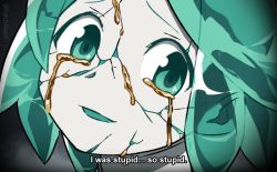 Rule 34 | 1other, caption, close-up, colored skin, crack, crying, crying with eyes open, crystal hair, dark background, despair, english text, fake screenshot, gold, green eyes, green hair, hachibani, head tilt, houseki no kuni, i&#039;m such a fool, leaking, light frown, looking at viewer, mahou shoujo madoka magica, mahou shoujo madoka magica (anime), miki sayaka, molten metal, parody, phosphophyllite, solo, tears, white skin